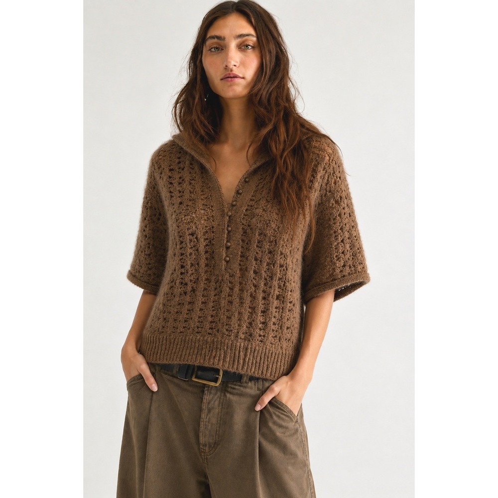Free People Hooded Open Knit Crochet Sweater Top Brown Size M